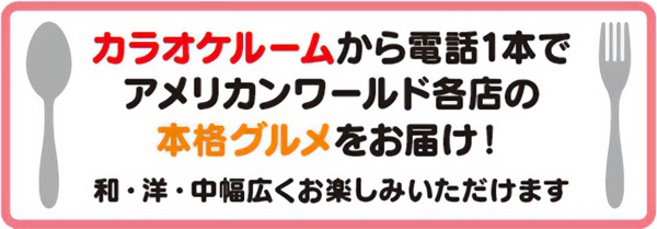 カラオケルームから電話1本でアメリカンワールド各店の本格グルメをお届け!和・洋・中幅広くお楽しみいただけます