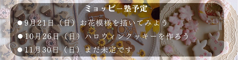 ミョッピー塾予定　9/21お花模様を描いてみよう　10/26ハロウィンクッキーを作ろう　11/30まだ未定です